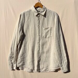 H&M Button Down Mens M Beige 100% Linen Long Sleeve Shirt Casual Oatmeal Pocket